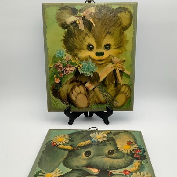 Set of 2 ~ 60's Kitsch Nursery Art Handmade Decoupage on Wood Wall Hangings 15" - Picture 3 of 10